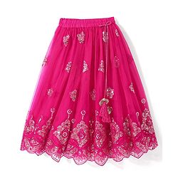 Babyhug Sleeveless Zari with Sequenced Choli with  Embroidered Lehenga  and Dupatta Set - Fuschia