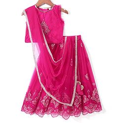 Babyhug Sleeveless Zari with Sequenced Choli with  Embroidered Lehenga  and Dupatta Set - Fuschia