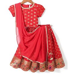 Babyhug Half Sleeves Brocade Choli with Lehenga and Dupatta Set - Maroon
