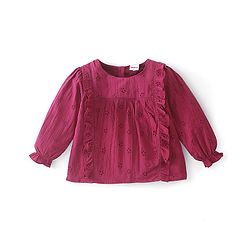 Babyhug 100% Cotton Full Sleeves Shiffli Top with Frill Detailing - Maroon