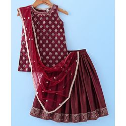 Babyhug  Sleeveless Foil Printed Long Kurta with Lehenga and Dupatta - Maroon