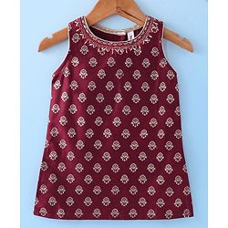 Babyhug  Sleeveless Foil Printed Long Kurta with Lehenga and Dupatta - Maroon