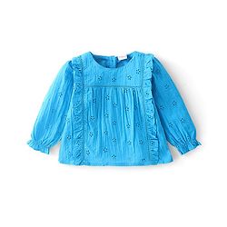 Babyhug 100% Cotton Full Sleeves Shiffli Top with Frill Detailing - Blue