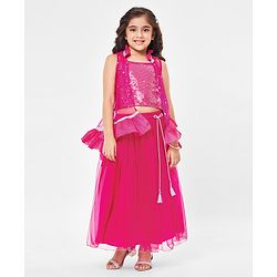 Babyhug Sleeveless Sequenced Choli with Net Lehenga and Embroidered Jacket Set - Hot Pink