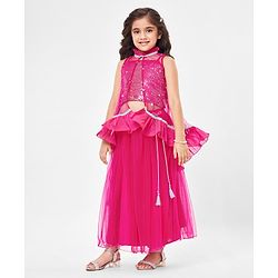 Babyhug Sleeveless Sequenced Choli with Net Lehenga and Embroidered Jacket Set - Hot Pink