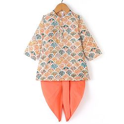 Babyhug 100% Cotton Full Sleeves Kurta With Dhoti Set With Floral Print - White & Peach