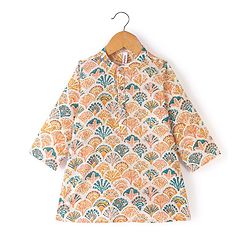 Babyhug 100% Cotton Full Sleeves Kurta With Dhoti Set With Floral Print - White & Peach