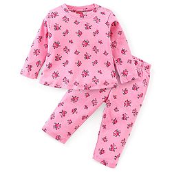 Babyhug Interlock Cotton Knit Full Sleeves Floral Print Night Suit- Pink
