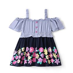 Babyhug Cotton Knit Cold Shoulder Sleeves Frock with Floral Print - Navy Blue
