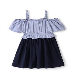 Babyhug Cotton Knit Cold Shoulder Sleeves Frock with Floral Print - Navy Blue