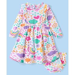 Babyhug 100% Cotton Knit Full Sleeves Frock & Bloomer With Rainbow Print - White & Pink
