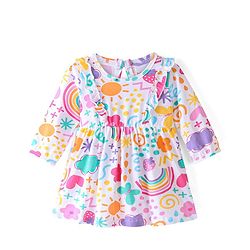 Babyhug 100% Cotton Knit Full Sleeves Frock & Bloomer With Rainbow Print - White & Pink
