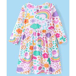 Babyhug 100% Cotton Knit Full Sleeves Frock & Bloomer With Rainbow Print - White & Pink