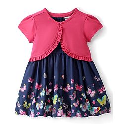 Babyhug Half Sleeves Shrug with Frock Butterfly Printed - Blue & Pink