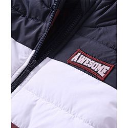Babyhug Full Sleeves Padded & Hooded Jacket Color Block With Text Embroidery- Blue Maroon & White
