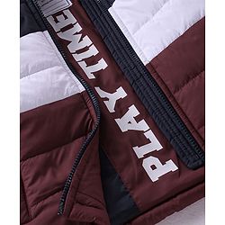 Babyhug Full Sleeves Padded & Hooded Jacket Color Block With Text Embroidery- Blue Maroon & White