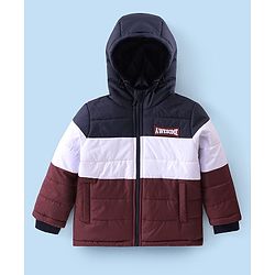 Babyhug Full Sleeves Padded & Hooded Jacket Color Block With Text Embroidery- Blue Maroon & White