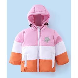 Babyhug Woven Full Sleeves Hooded Jacket Solid Colour - Pink White & Orange