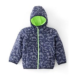 Babyhug Woven Full Sleeves Dino Print  Hooded Reversible Jacket - Multicolour
