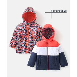 Babyhug Woven Full Sleeves Reversible Hooded Jacket With Solid Colour - Red Blue & White