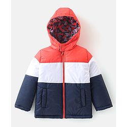 Babyhug Woven Full Sleeves Reversible Hooded Jacket With Solid Colour - Red Blue & White