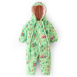 Babyhug Full Sleeves Winter Wear Hooded Romper Woods Print - Lime Green
