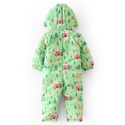 Babyhug Full Sleeves Winter Wear Hooded Romper Woods Print - Lime Green