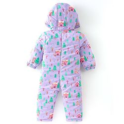 Babyhug Full Sleeves Winter Wear Hooded Romper Animal Print - Purple