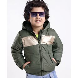 Babyhug Woven Full Sleeves Hooded Jacket with Front Zipper - Olive Green
