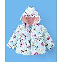 Babyhug Full Sleeves Butterfly Printed Padded Hooded Jacket - Blue