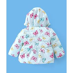 Babyhug Full Sleeves Butterfly Printed Padded Hooded Jacket - Blue