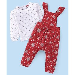 Babyhug Cotton Knit Snow Flakes Printed Dungaree with Full Sleeves Inner Tee - Red & White