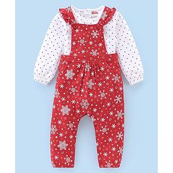 Babyhug Cotton Knit Snow Flakes Printed Dungaree with Full Sleeves Inner Tee - Red & White