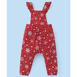 Babyhug Cotton Knit Snow Flakes Printed Dungaree with Full Sleeves Inner Tee - Red & White
