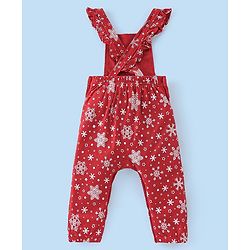 Babyhug Cotton Knit Snow Flakes Printed Dungaree with Full Sleeves Inner Tee - Red & White