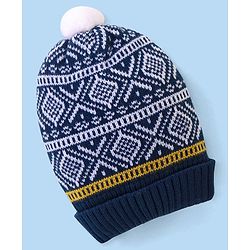 Babyhug Pom Pom Woollen Cap Intarsia Design - Blue