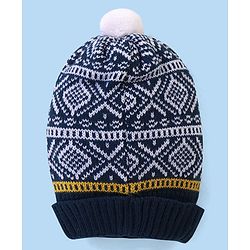 Babyhug Pom Pom Woollen Cap Intarsia Design - Blue