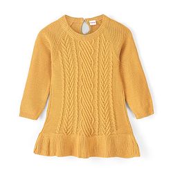 Babyhug Full Sleeves Cable Knit Woolen Dress - Mustard