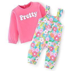 Babyhug 100% Cotton Knit Dungaree & Full Sleeves T-Shirt Text Embroidery & Floral Print - Pink & Blue