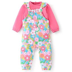 Babyhug 100% Cotton Knit Dungaree & Full Sleeves T-Shirt Text Embroidery & Floral Print - Pink & Blue