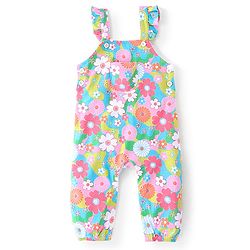 Babyhug 100% Cotton Knit Dungaree & Full Sleeves T-Shirt Text Embroidery & Floral Print - Pink & Blue