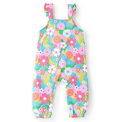 Babyhug 100% Cotton Knit Dungaree & Full Sleeves T-Shirt Text Embroidery & Floral Print - Pink & Blue