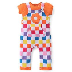 Babyhug Cotton Knit Dungaree & Half Sleeves T-Shirt Set Floral & Checks  - Orange