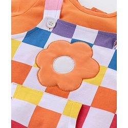 Babyhug Cotton Knit Dungaree & Half Sleeves T-Shirt Set Floral & Checks  - Orange