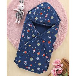 Babyhug Interlock Cotton Hooded Wrapper Space Print L 76.2 X B 76.2 cm - Navy