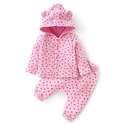 Babyhug Cotton Knit Full Sleeves Heart Printed Hoodie & Lounge Pant Set - Pink