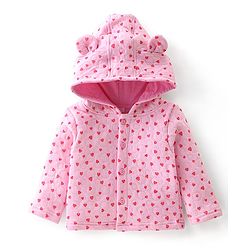 Babyhug Cotton Knit Full Sleeves Heart Printed Hoodie & Lounge Pant Set - Pink
