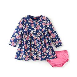 Babyhug Cotton Knit Full Sleeves Frock Floral Printed with Bloomer - Blue & Pink