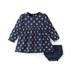 Babyhug Cotton Knit Full Sleeves Frock with Bloomer Heart Printed - Navy Blue