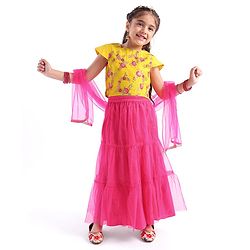 Babyhug Woven Half Sleeves Embroidered Choli and Net Lehenga with Dupatta - Pink